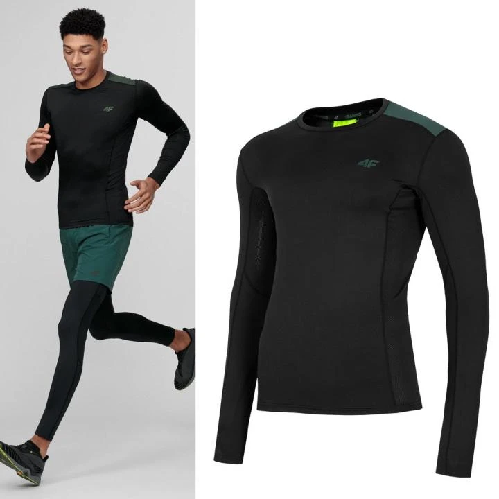 SKIN - 4F Dry Herren Sport Langarmshirt - Schwarz Grün 1 SKIN - 4F Dry Herren Sport Langarmshirt - Schwarz Grün